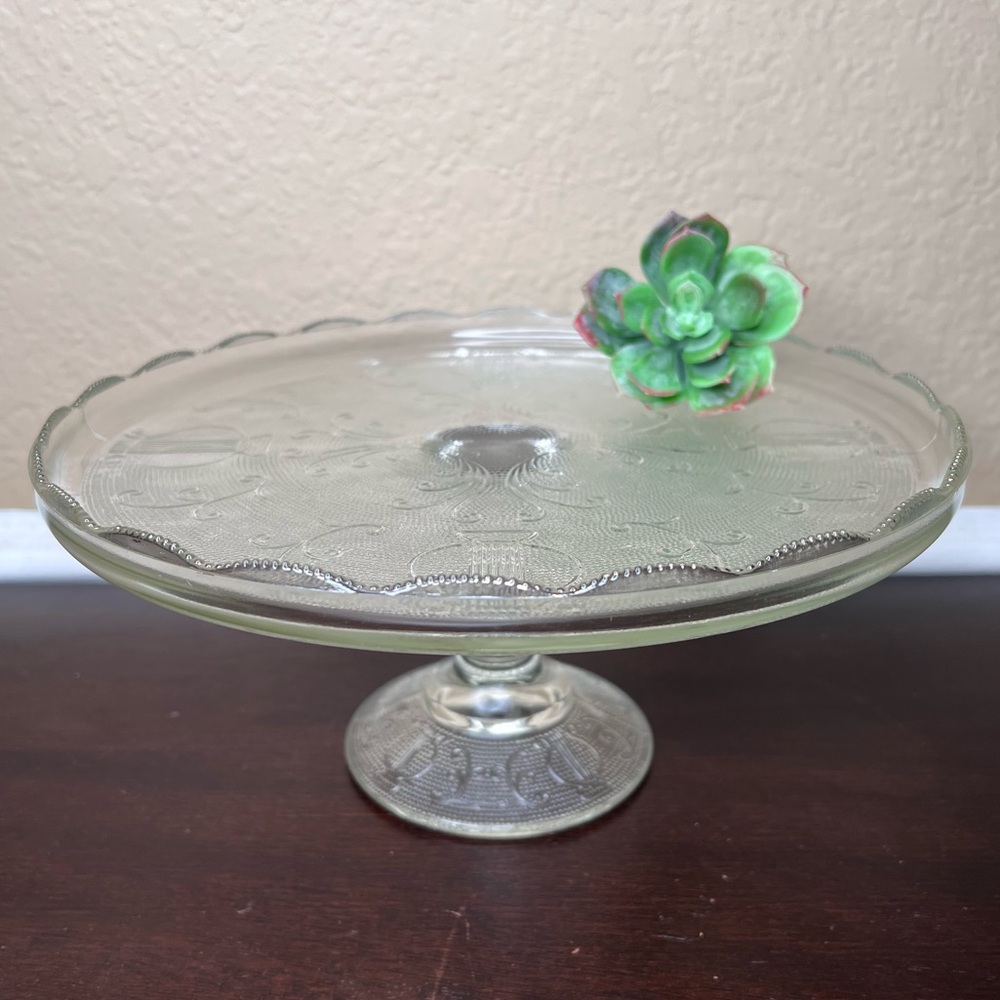 Vintage Jeanette Harp Pattern Glass Cake Stand | 10” Pedestal Dessert Plate
